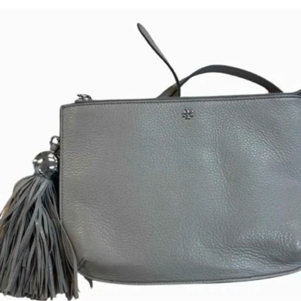 Tory Burch Gray Leather Shoulder Bag with Tassel